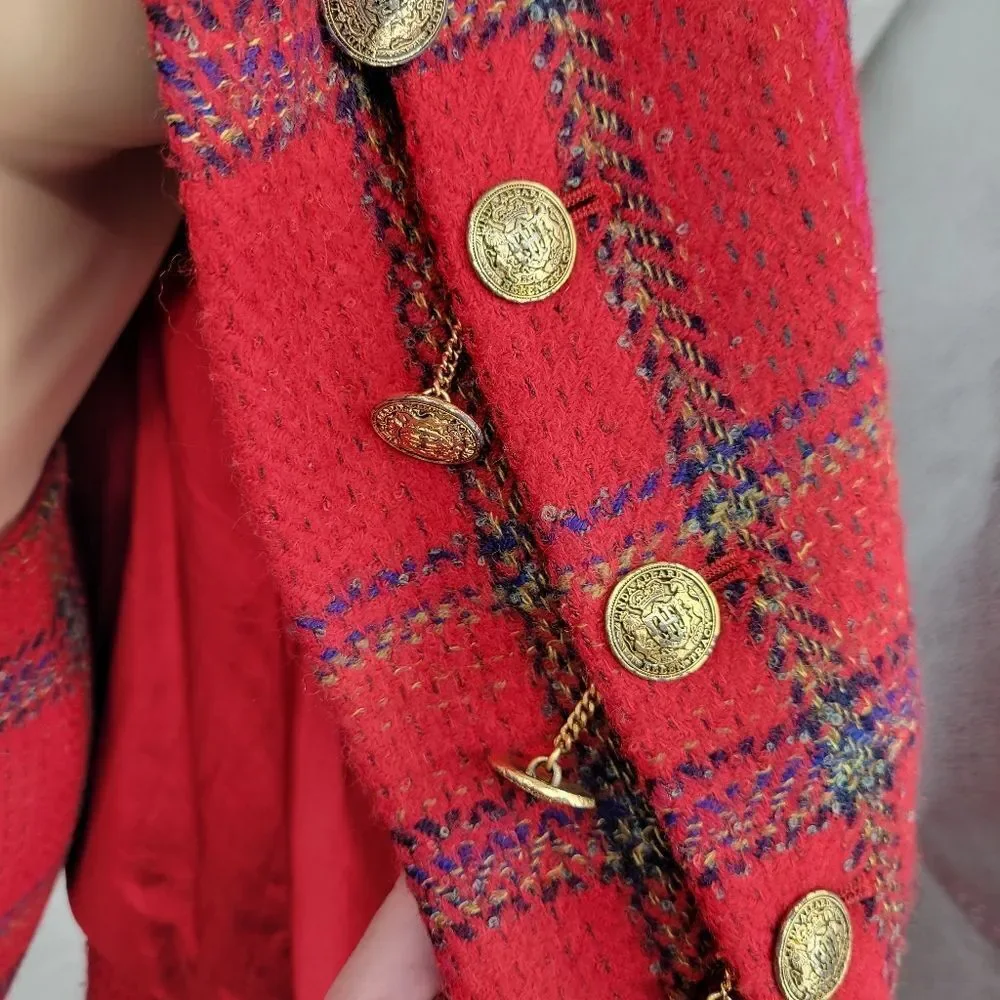 Ellen Tracy Red Plaid Blazer Double Breasted Gold Buttons Skirt Suit Set Tweed